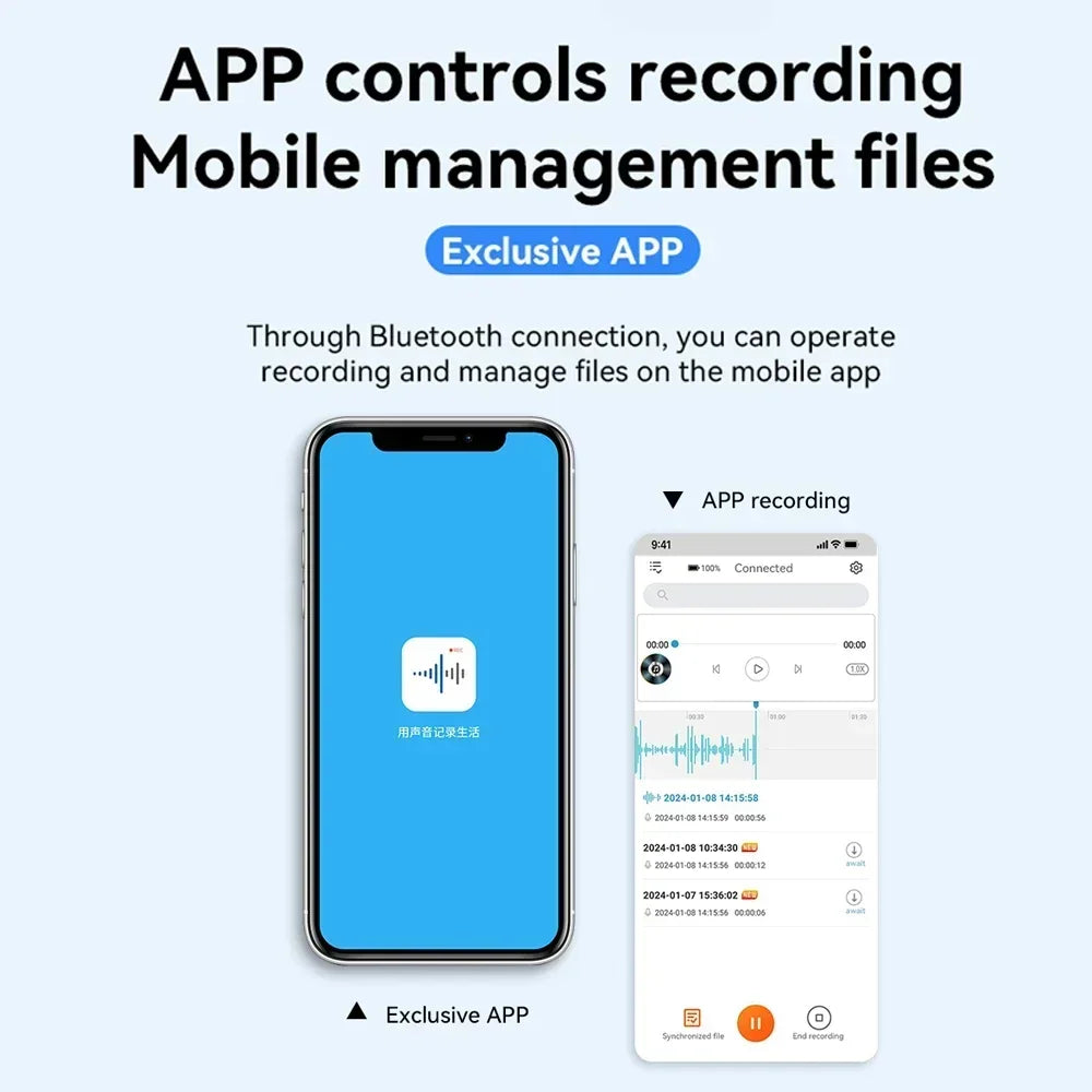 Blue mini voice recorder smartphone displaying digital audio smart noise reduction interface with chinese text and waveform