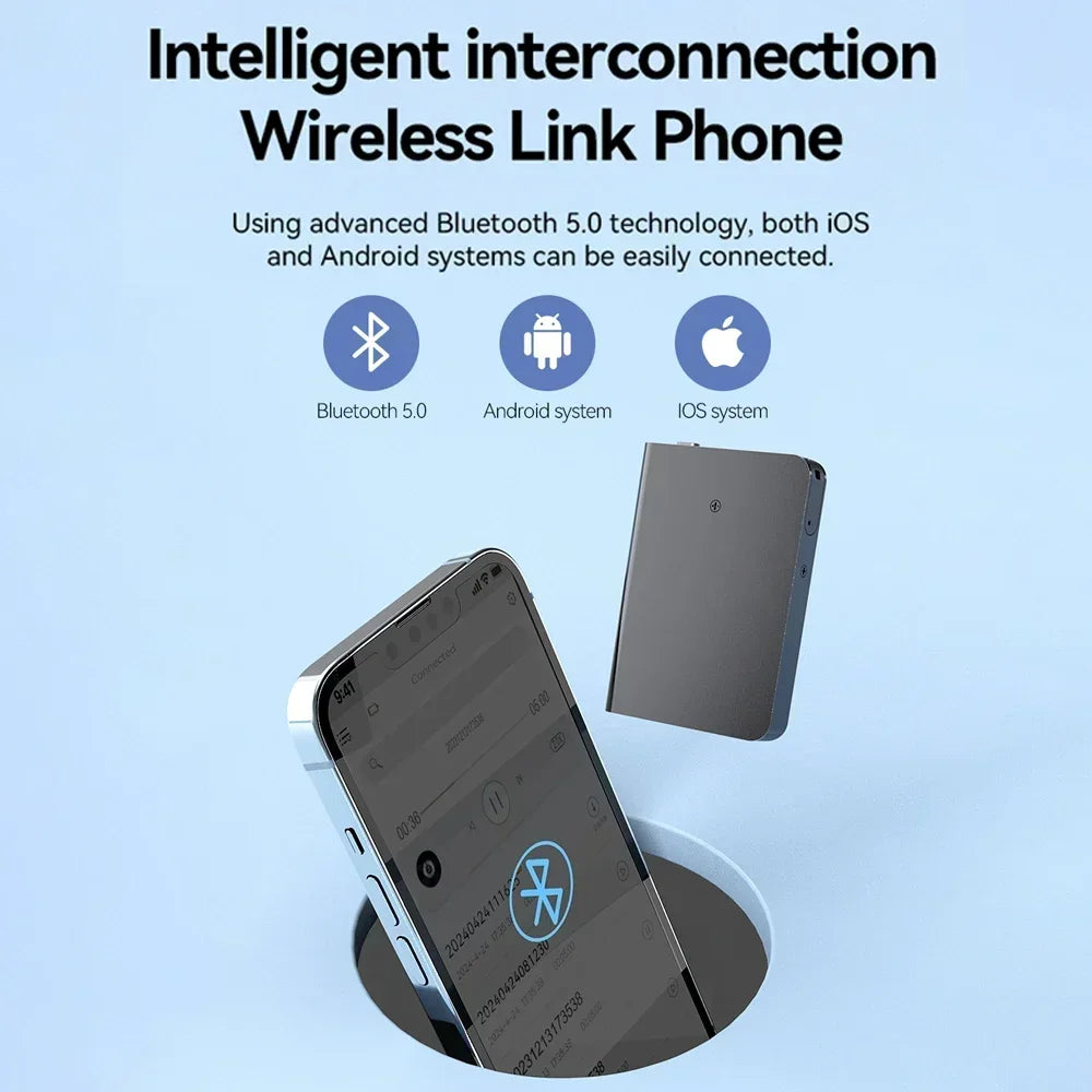 Silver wireless link mini voice recorder with sleek metallic finish features digital audio smart noise reduction technology