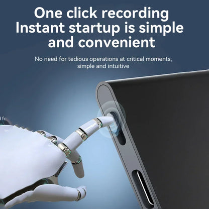 A sleek black mini voice recorder with one side button for one-click activated recording and digital audio smart noise reduction