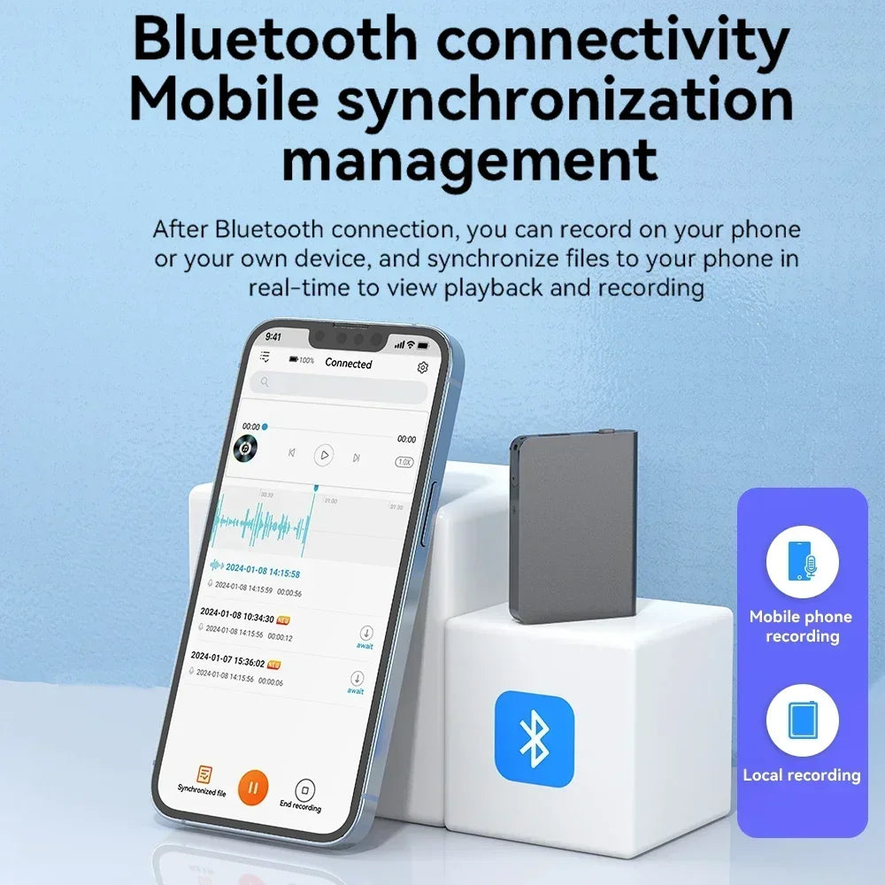 A sleek silver-framed mini voice recorder smartphone displaying digital audio smart noise reduction waveform visuals