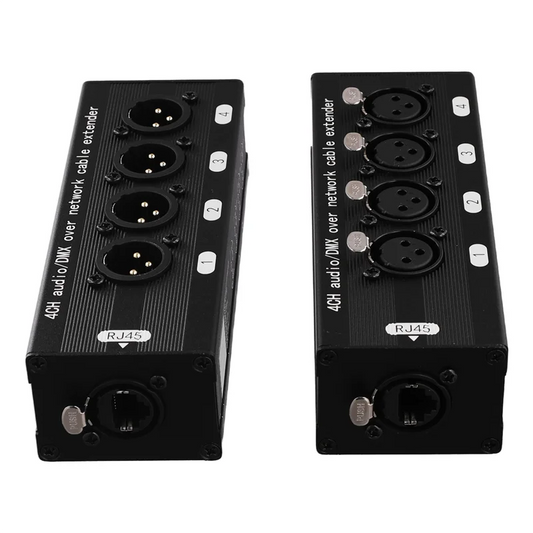 Black rectangular APPLIA 4 channel XLR DMX ethernet extender with four XLR inputs and one RJ45 output for live stage audio