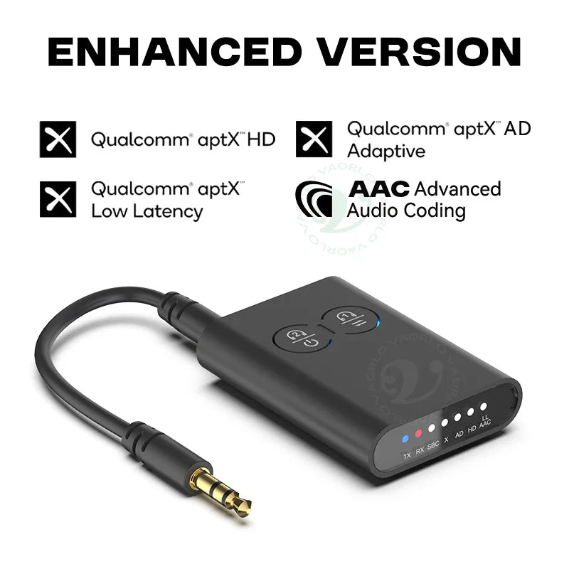Black rectangular aptX-Adaptive bluetooth audio transmitter receiver with 3.5mm jack and multipoint wireless adapter features