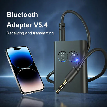 Black bluetooth v5.4 aptX adaptive multipoint wireless adapter with 3.5mm jack and illuminated stereo music multipoint buttons