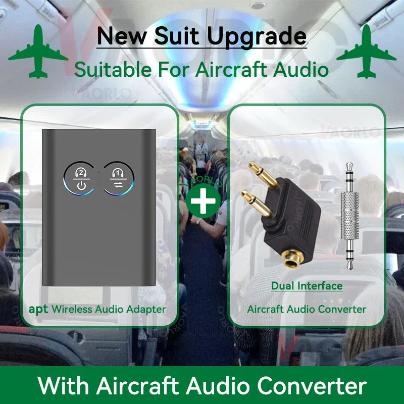 Black apt wireless audio adapter with dual interface aircraft audio converter for stereo music multipoint use