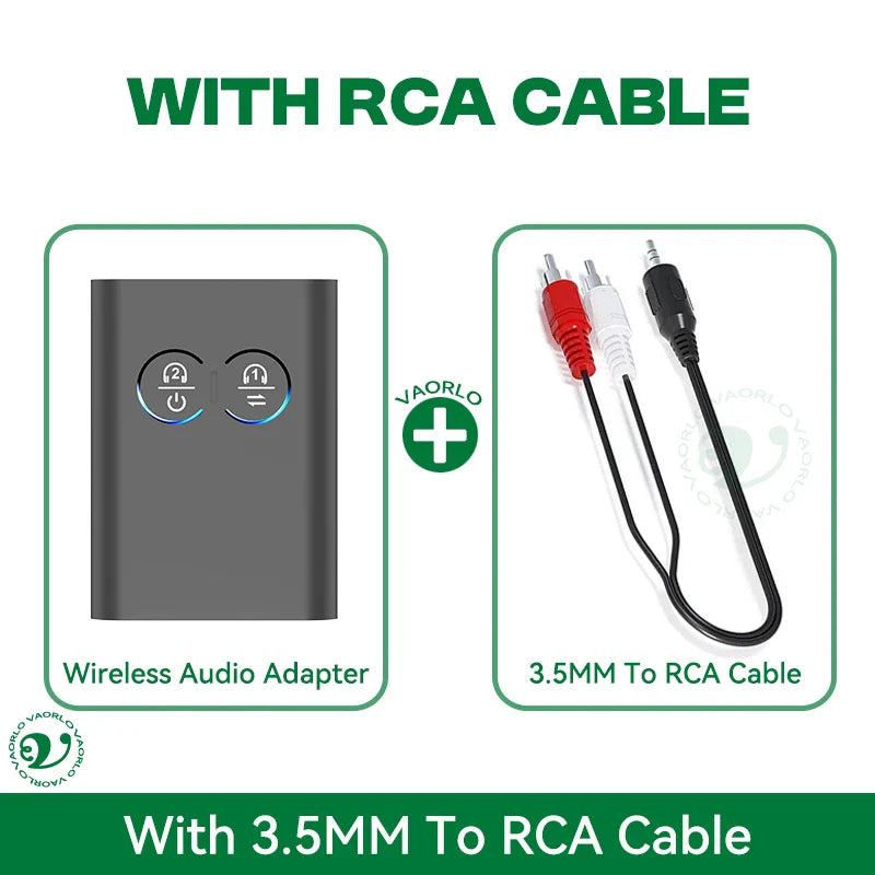 Black rectangular aptX-adaptive stereo music multipoint wireless adapter with power and headphone icons on front