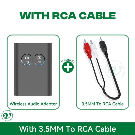 Black rectangular aptX-adaptive stereo music multipoint wireless adapter with power and headphone icons on front