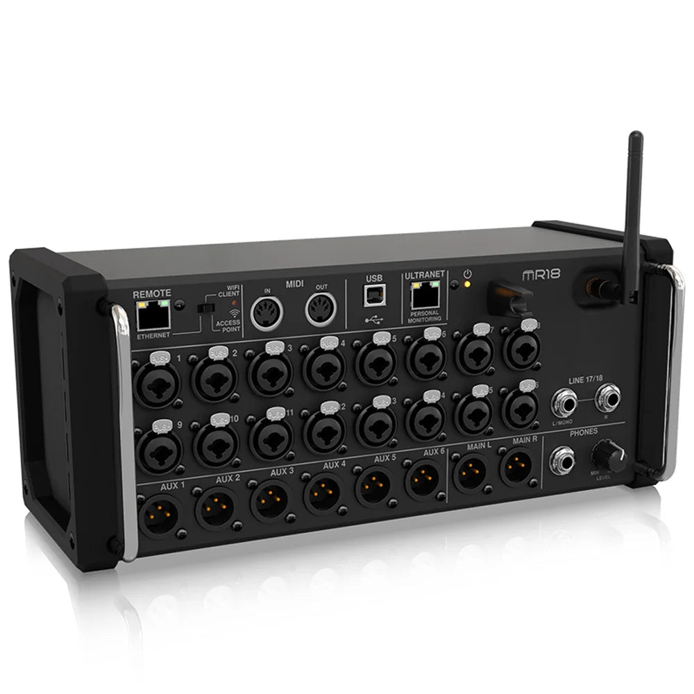 Black behringer mr18 professional digital mixing studio recording console dj studio with multiple xlr jacks usb and ethernet ports
