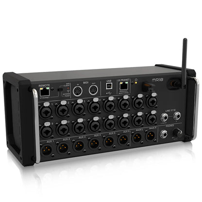 Black behringer mr18 professional digital mixing studio recording console dj studio with multiple xlr jacks usb and ethernet ports