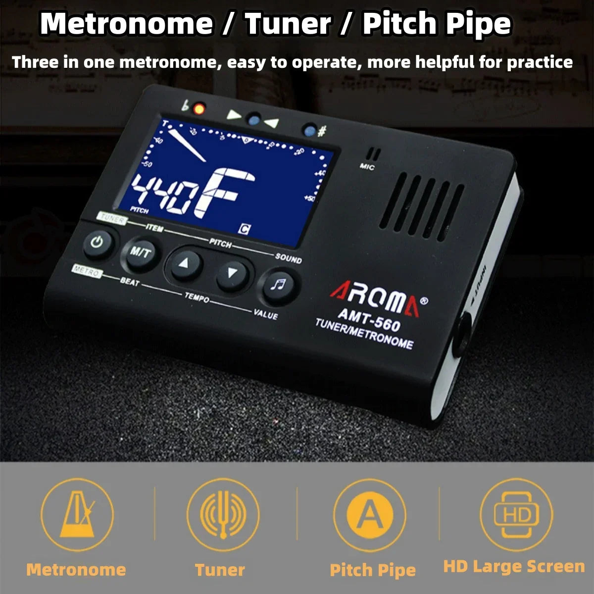 Black aroma amt-560 3 in 1 chromatic bass violin tuner metronome with lcd display showing 440f for guitar chromatic bass use