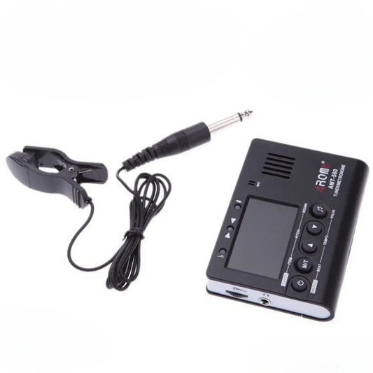 Black aroma amt-500 chromatic tuner with clip-on microphone and coiled cable for guitar chromatic bass violin ukulele