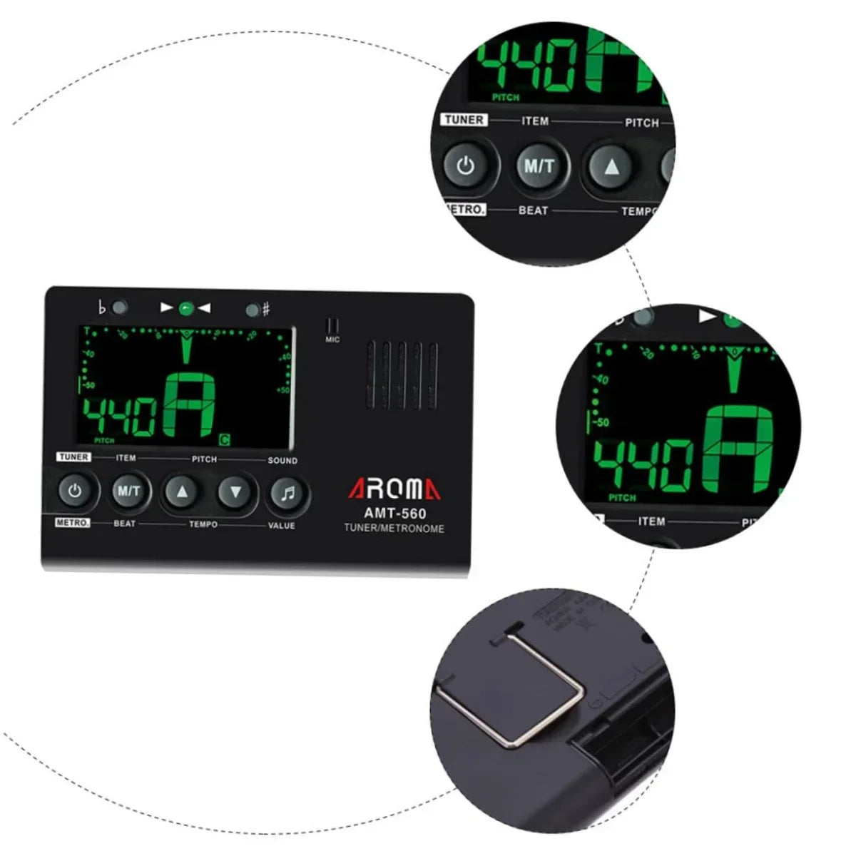 Black aroma amt-560 3 in 1 digital chromatic bass violin tuner and metronome with green led lcd display for guitar chromatic bass