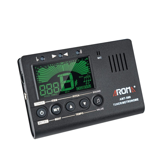 Black aroma amt-560 electric guitar tuner and metronome with green digital display for guitar chromatic bass violin use