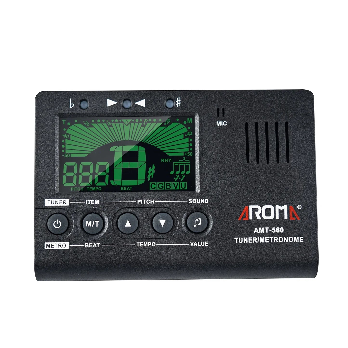 Black aroma amt-560 electric guitar tuner and metronome with green display for guitar chromatic bass violin ukulele