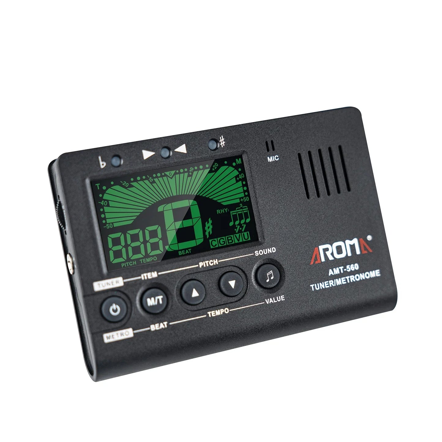 Black aroma AMT-560 electric guitar tuner and metronome with green display and pickup cable for guitar chromatic bass