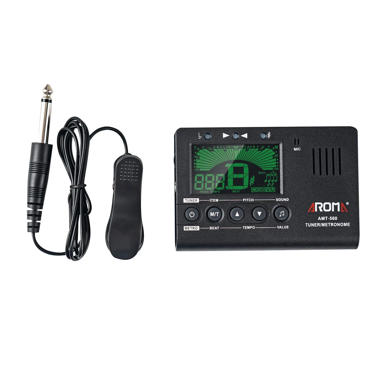 Black aroma amt-560 electric guitar tuner with green display and attached pickup cable for guitar chromatic bass use