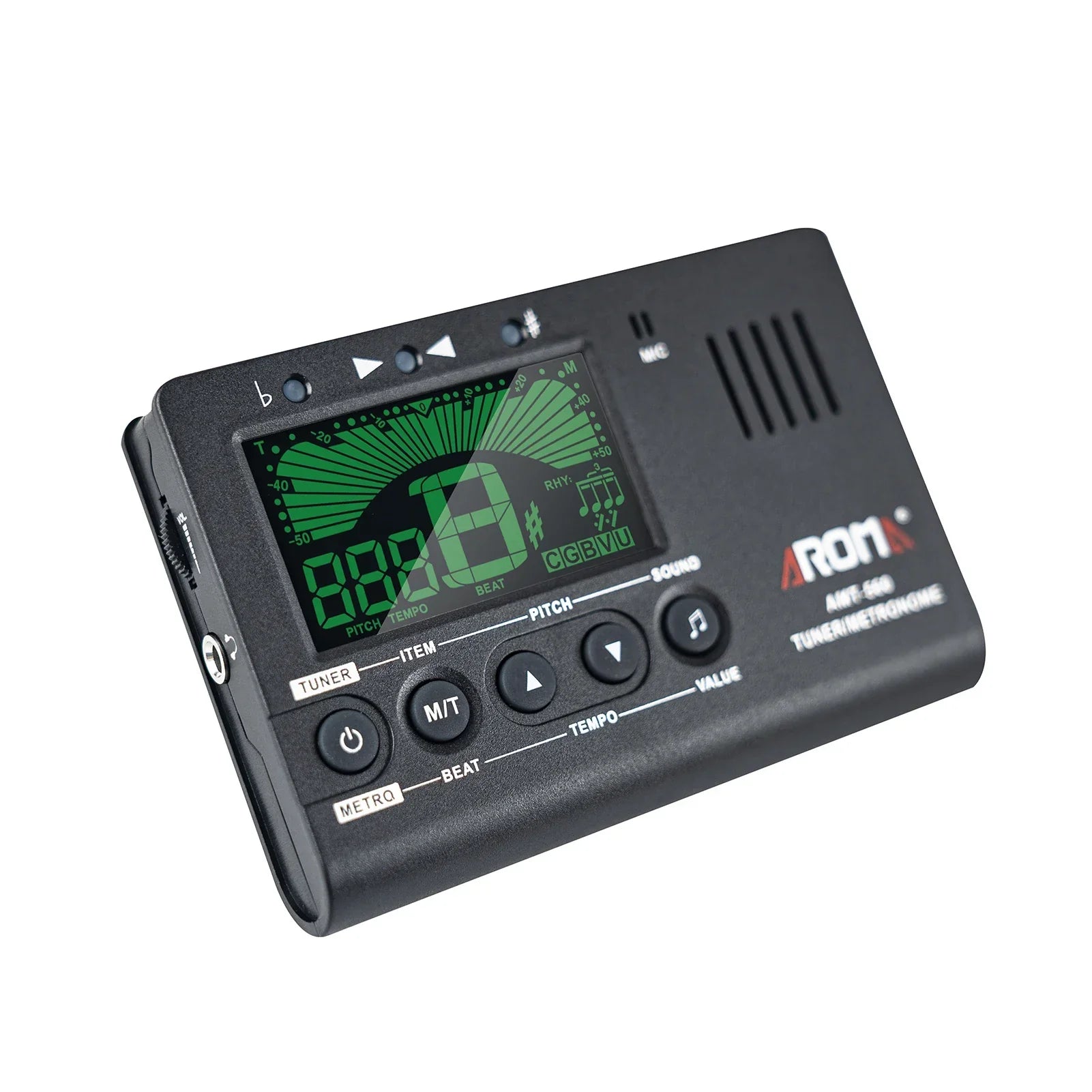Black aroma amt-560 electric guitar tuner and metronome with green digital display and pickup cable for guitar chromatic bass