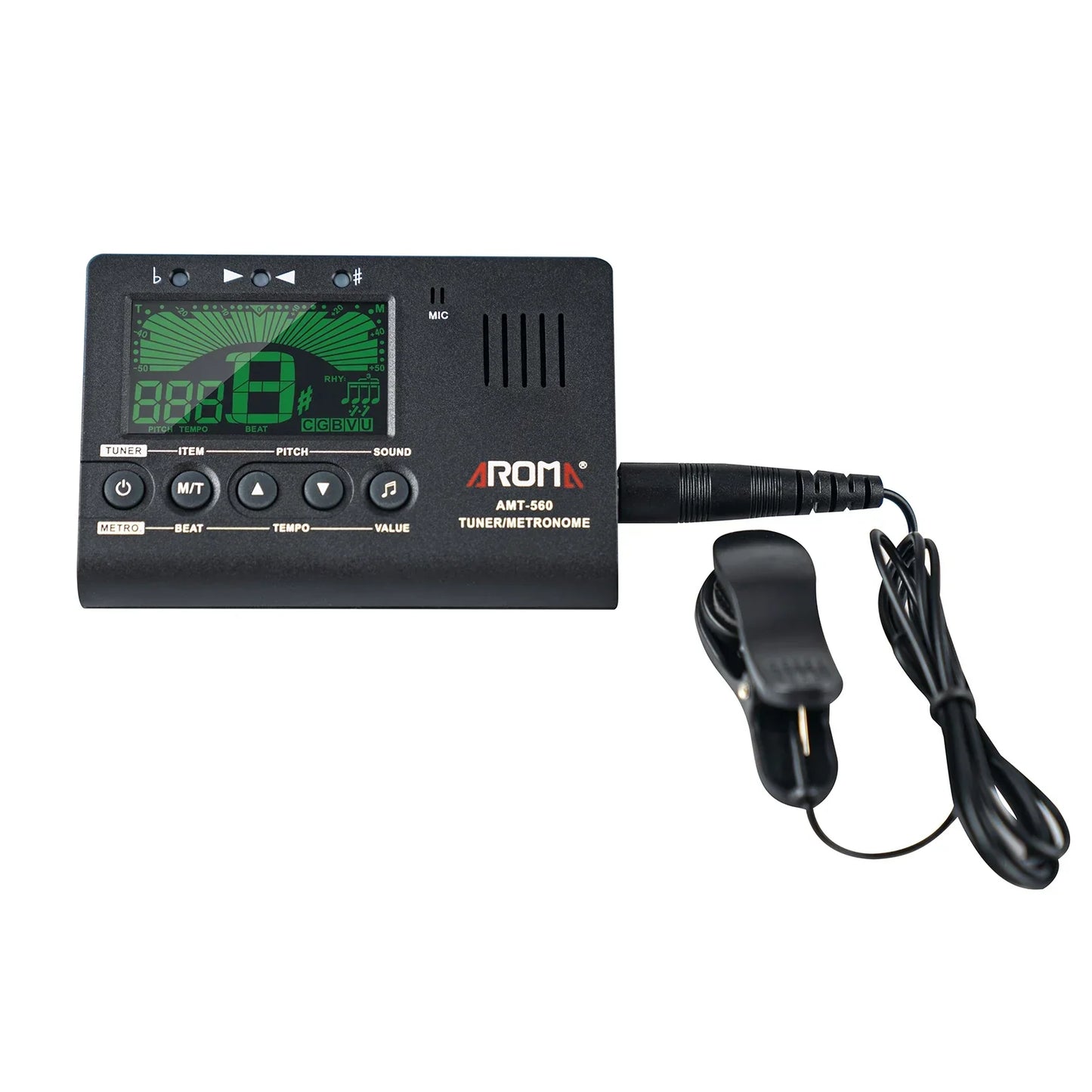 Black aroma amt-560 electric guitar tuner and metronome with green digital display and clip-on microphone for guitar chromatic bass violin