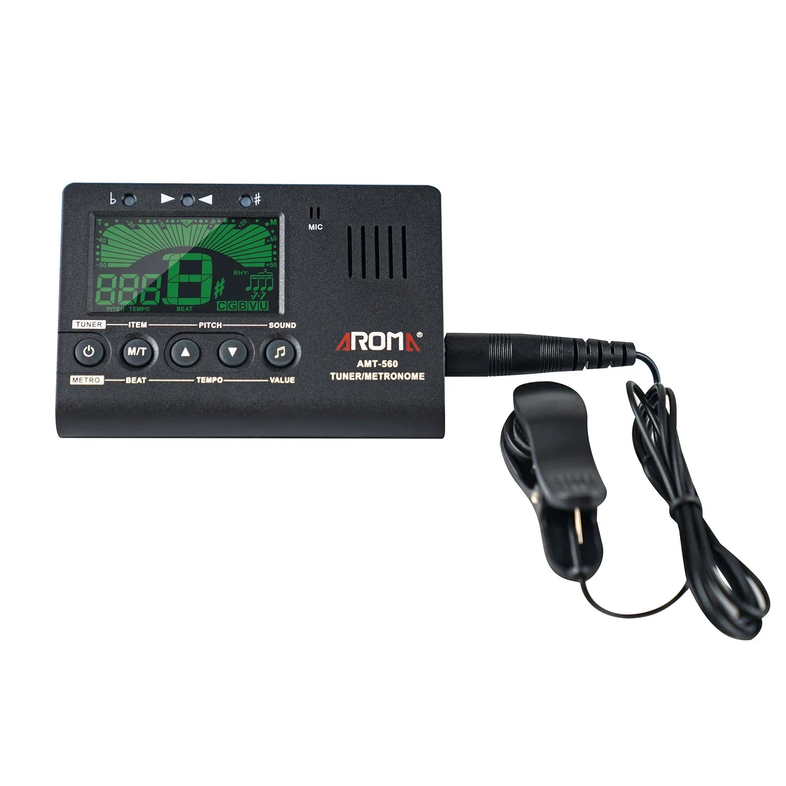Black aroma amt-560 electric guitar tuner and metronome with green digital display and clip-on microphone for guitar chromatic bass violin