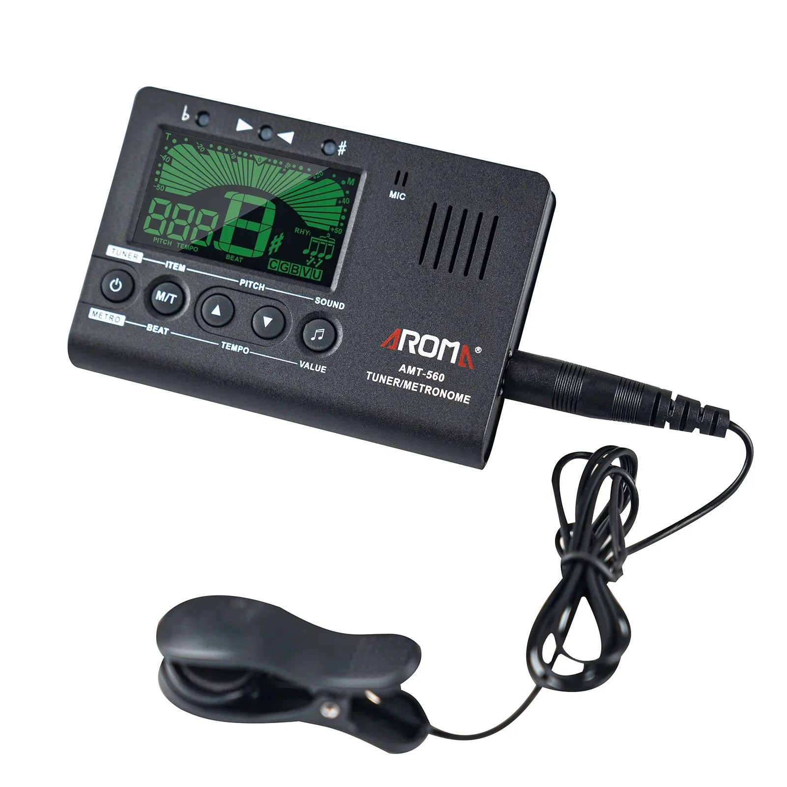Black aroma amt-560 electric guitar tuner and metronome with green display and clip-on attachment for guitar chromatic bass violin