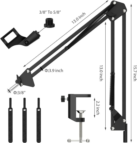 Black metal articulated arm microphone boom with adjustable suspension scissor and clamp for recording condenser microphone use