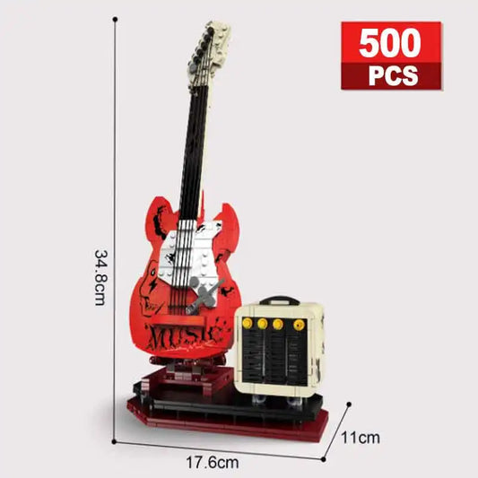 Red electric artist guitar model made of plastic bricks with bluetooth audio usb and music playback adult features