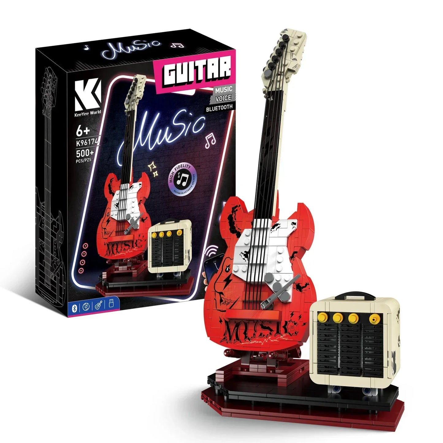 Red and white brick-built artist guitar with black neck and bluetooth audio usb for gift music playback and app control