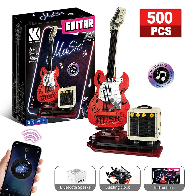 Red and white artist guitar app control building blocks with matching cream amplifier featuring bluetooth audio usb for music playback adult use