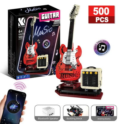 Red and white artist guitar app control building blocks with matching cream amplifier featuring bluetooth audio usb for music playback adult use