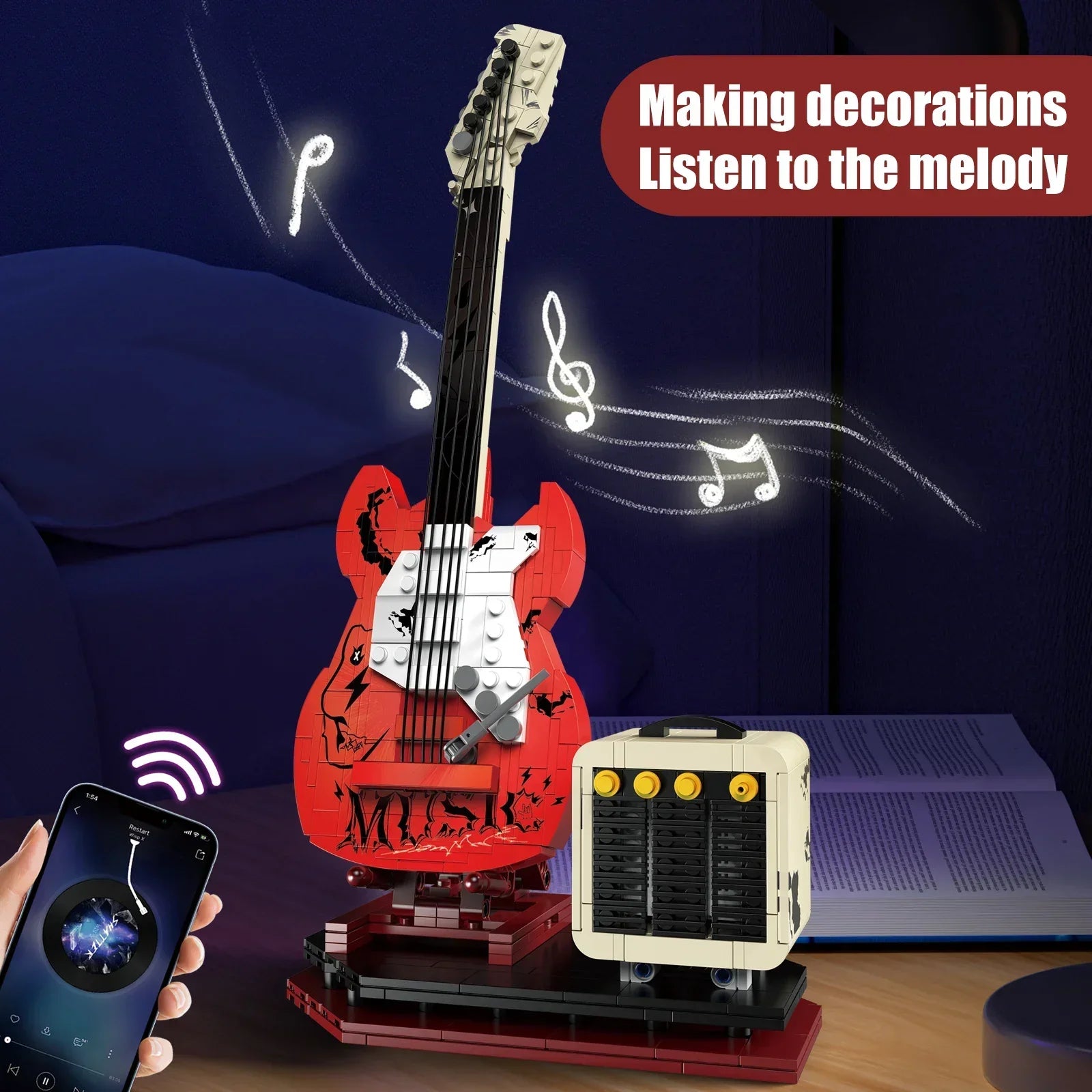Red and white lego electric artist guitar with bluetooth audio usb and music playback adult feature for app control