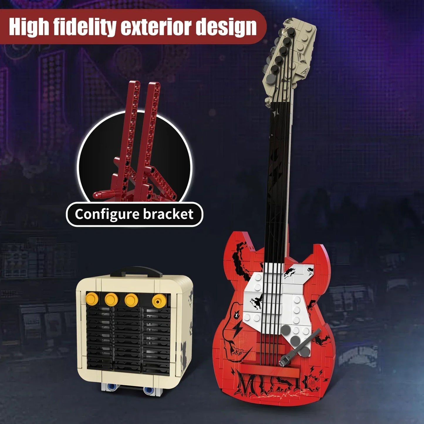 Red and white lego artist guitar with black detailing featuring music inscription supports bluetooth audio usb music playback adult use