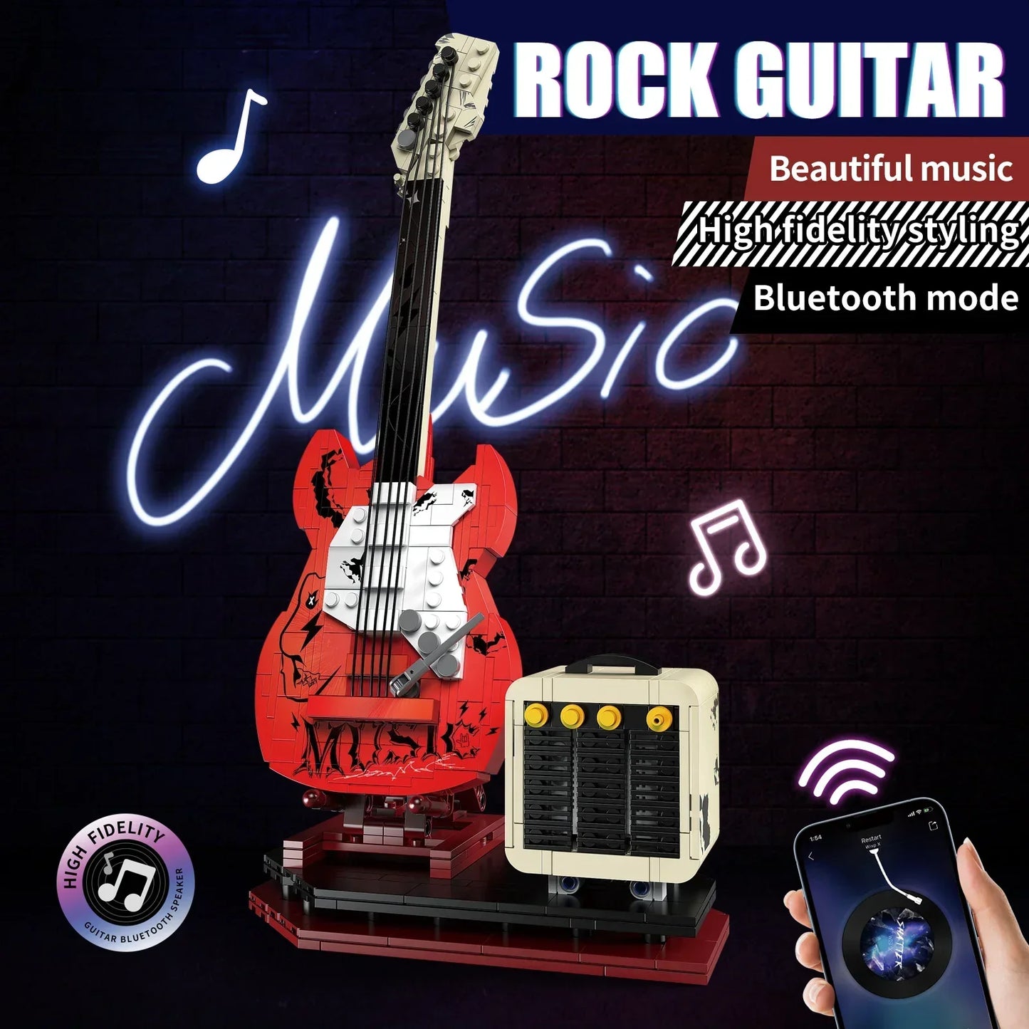 Red and white lego rock guitar with black fretboard built from interlocking bricks featuring bluetooth audio usb gift music playback