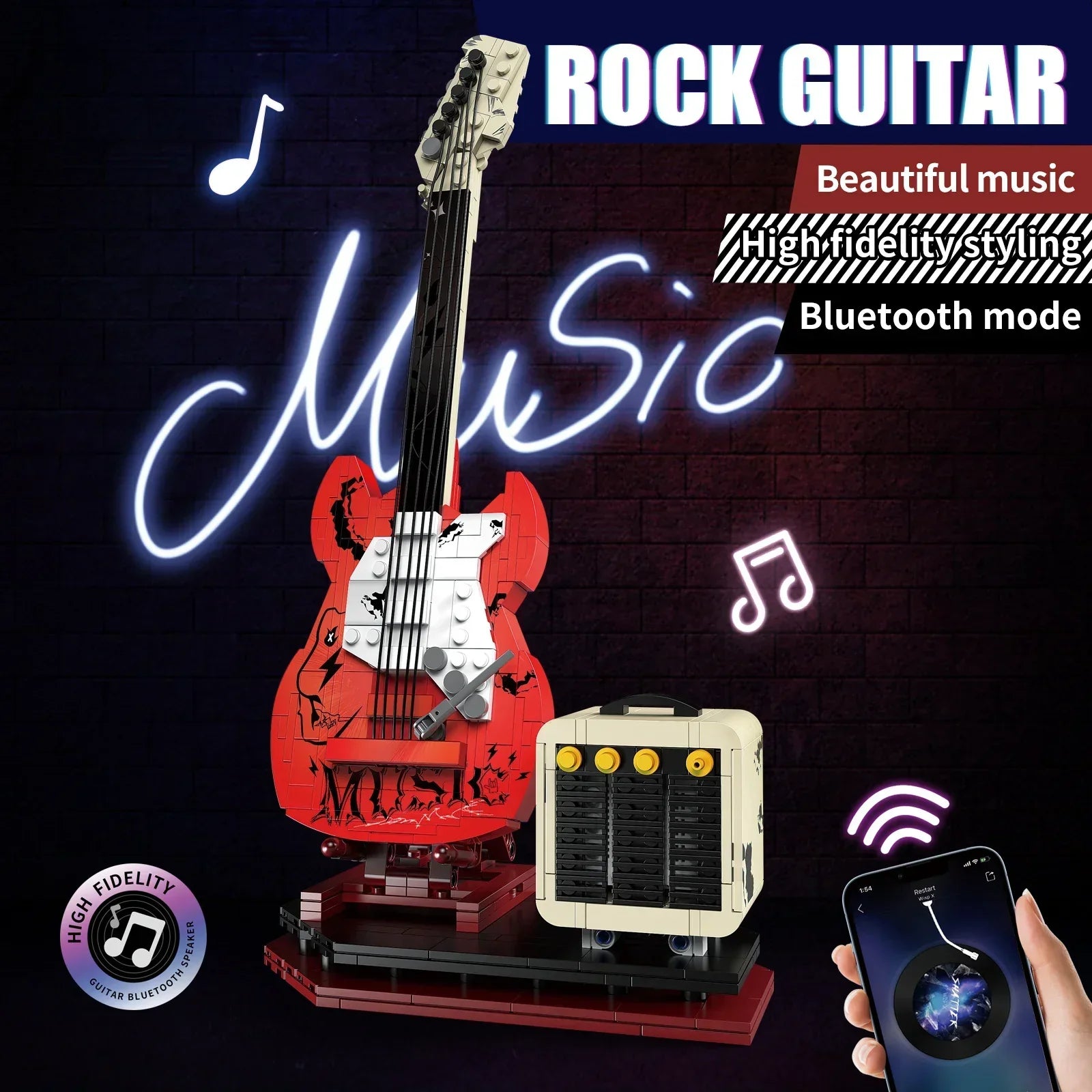 Red and white lego rock guitar with black fretboard built from plastic bricks featuring bluetooth audio usb for music playback adult use