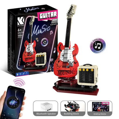 Red and white lego artist guitar with black neck built from 500+ pieces featuring bluetooth audio usb music playback adult toy