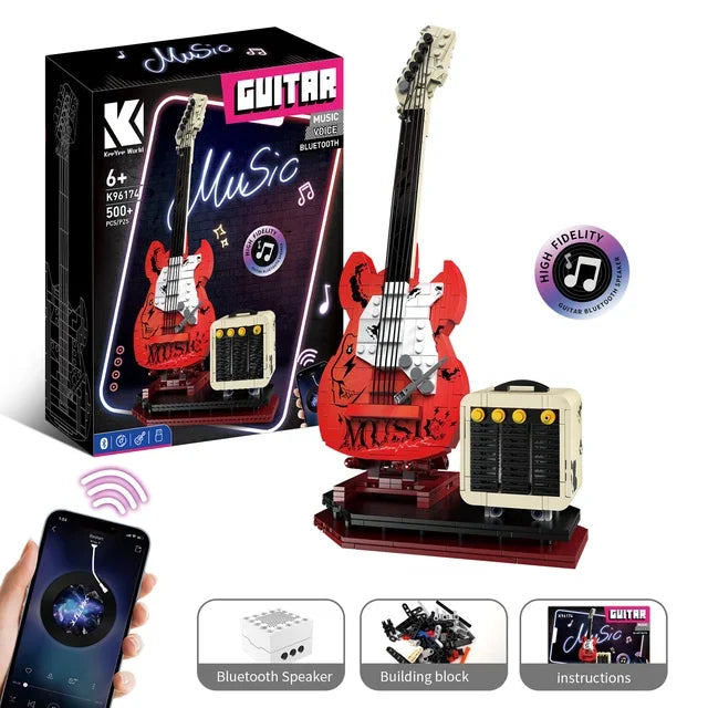 Red and white lego artist guitar with black neck built from 500+ pieces featuring bluetooth audio usb gift music playback