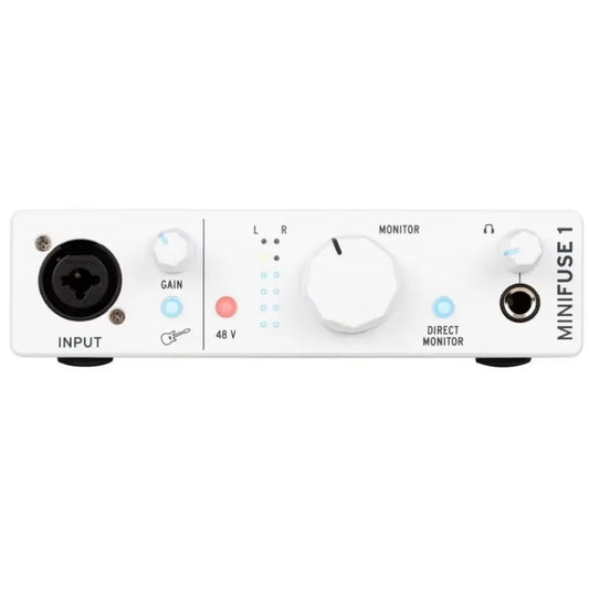 White Arturia MiniFuse 1 professional live recording audio interface with black jacks gain knob and LED indicators for broadcasting performance