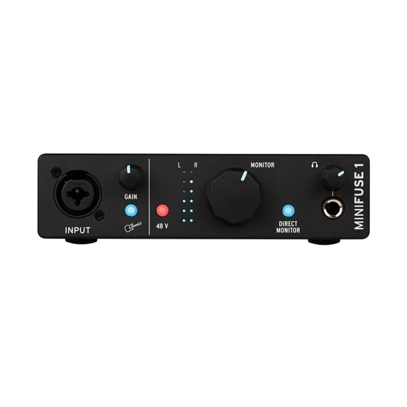 Black arturia minifuse 1 midi recording interface with knobs led indicators and input output jacks for recording interface plug play