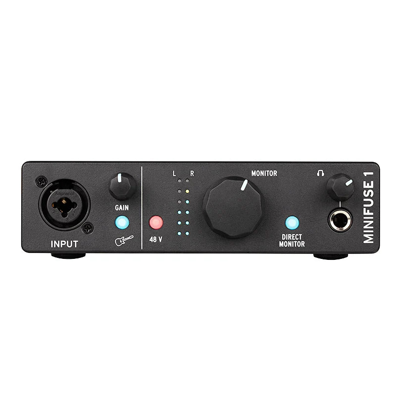 Black matte arturia minifuse midi recording interface with labeled knobs and xlr jack for recording interface plug use