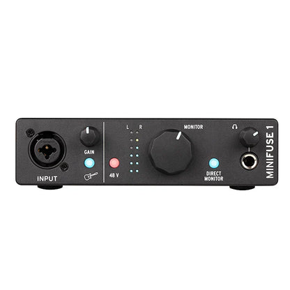 Black matte arturia minifuse midi recording interface with labeled knobs and xlr jack for recording interface plug use