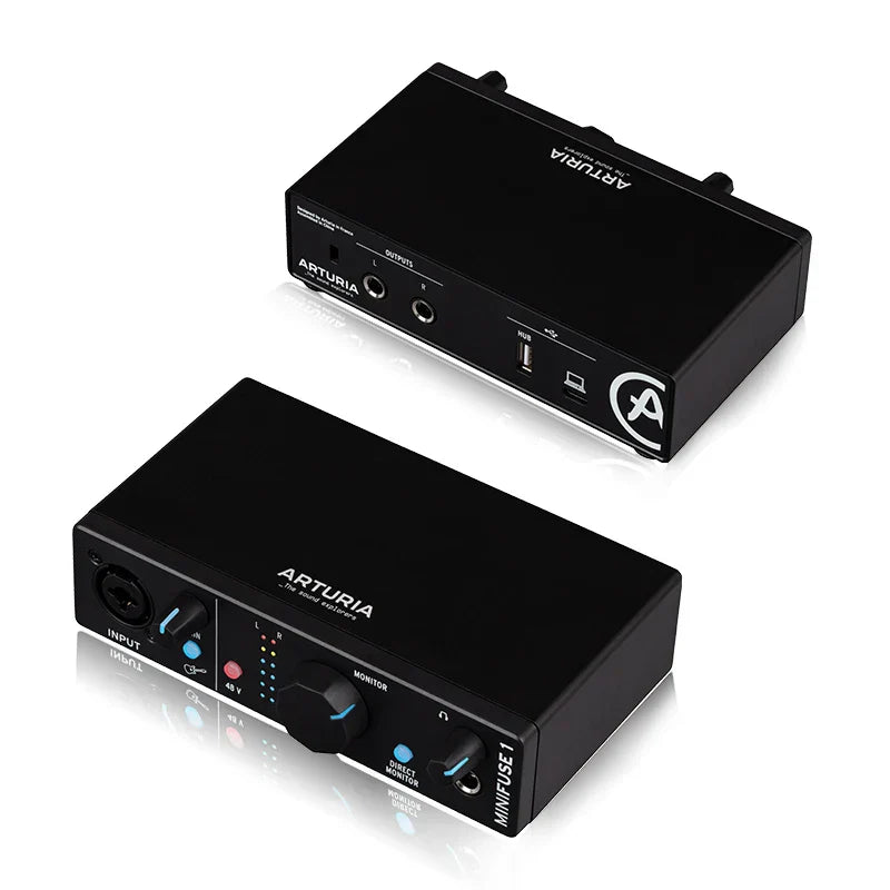 Arturia minifuse 1 black midi recording interface with sleek matte finish and blue-lit controls for plug and play recording