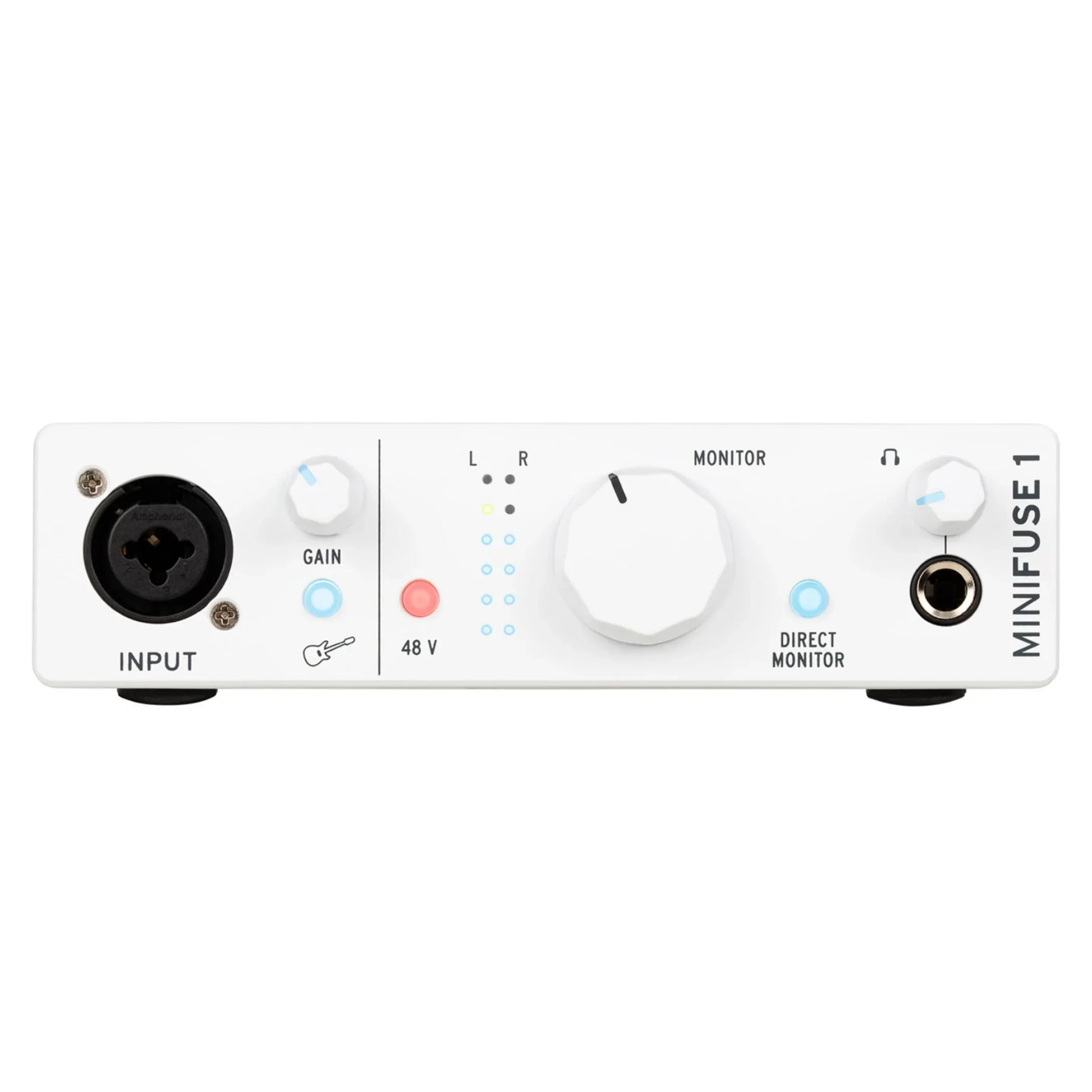 White arturia minifuse midi recording interface with black xlr jack white gain and monitor knobs and 48v phantom power indicator