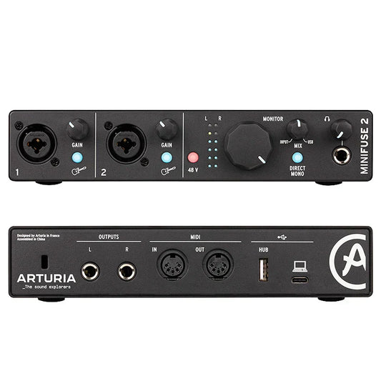 Black arturia minifuse 2 midi recording interface with two xlr inputs gain knobs monitor knob and usb-c ports