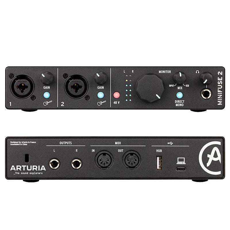 Black arturia minifuse 2 midi recording interface 48v with two xlr inputs gain knobs and usb-c ports for pro use