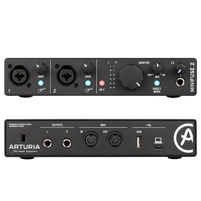 Black arturia minifuse 2 midi recording interface 48v with two xlr inputs gain knobs and usb-c ports for pro use