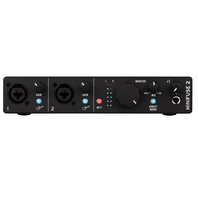 Black arturia minifuse 2 midi recording interface with two xlr inputs gain controls monitor knob and usb connectivity