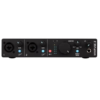 Black arturia minifuse 2 midi recording interface with two xlr inputs gain controls monitor knob and usb connectivity