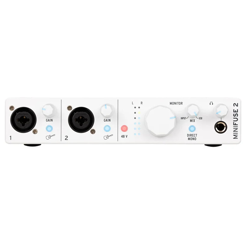 White arturia minifuse 2 midi recording interface with black xlr inputs white knobs and usb port for 48v power