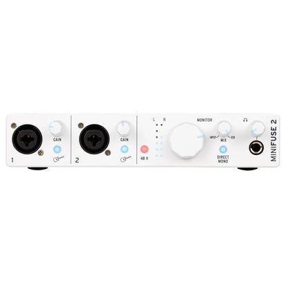 White arturia minifuse 2 midi recording interface with black xlr inputs white knobs and usb port for 48v power