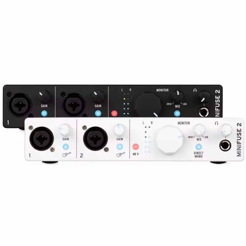 White and black arturia minifuse midi recording interface with two input channels gain knobs and headphone jack