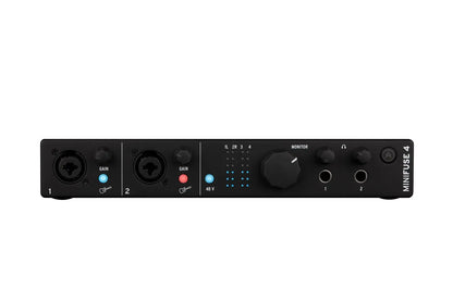 Black arturia versatile desktop minifuse 4in 4out midi audio interface with two xlr inputs gain controls and headphone jacks