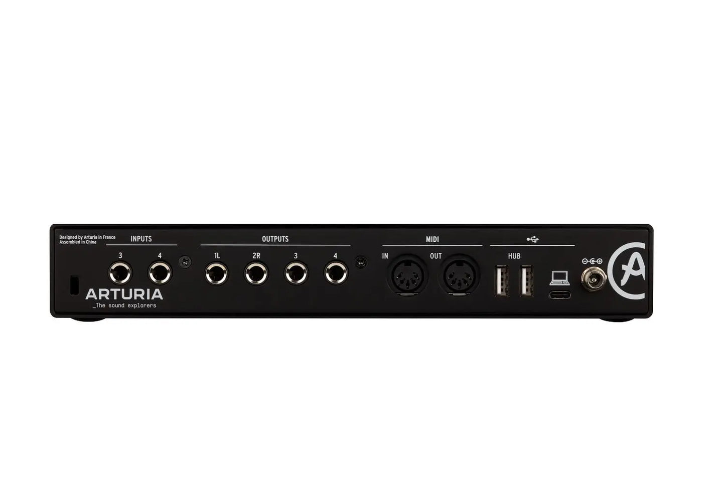 Black arturia versatile desktop minifuse 4in 4out midi audio interface rear view with multiple inputs outputs usb and hdmi ports